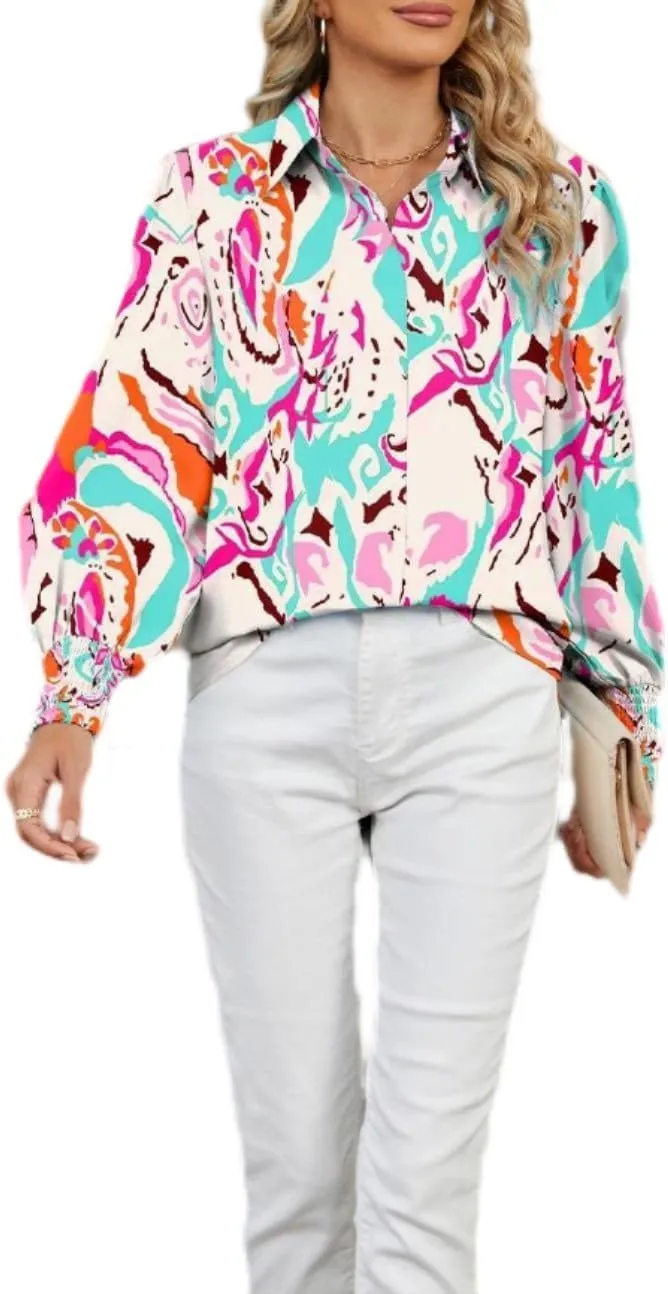 Women's Boho Stylish Blouse, 2025 Autumn and Winter Lapel Long Sleeve Loose Printed Shirts for Women