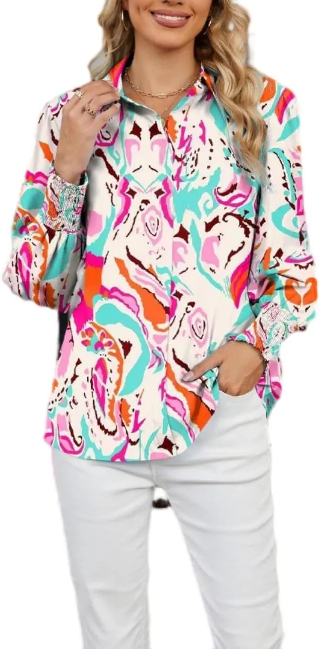 Women's Boho Stylish Blouse, 2025 Autumn and Winter Lapel Long Sleeve Loose Printed Shirts for Women
