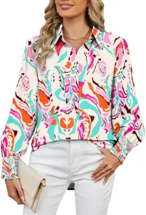 Women's Boho Stylish Blouse, 2025 Autumn and Winter Lapel Long Sleeve Loose Printed Shirts for Women