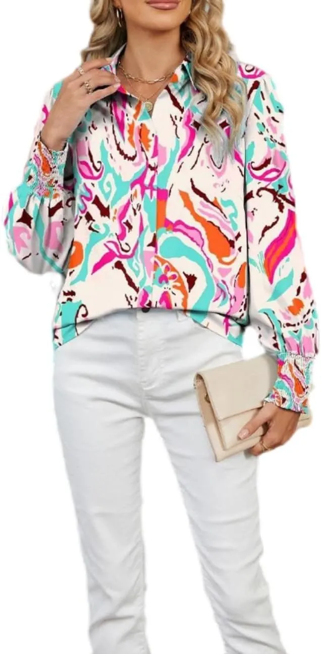 Women's Boho Stylish Blouse, 2025 Autumn and Winter Lapel Long Sleeve Loose Printed Shirts for Women