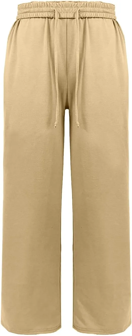 Womens Casual Solid Long Pant Straight Loose Fit Wide Leg Trousers Stretchy Drawstring Everyday Palazzo Pants