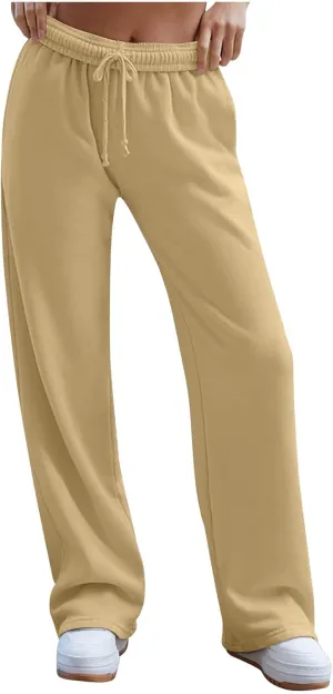 Womens Casual Solid Long Pant Straight Loose Fit Wide Leg Trousers Stretchy Drawstring Everyday Palazzo Pants