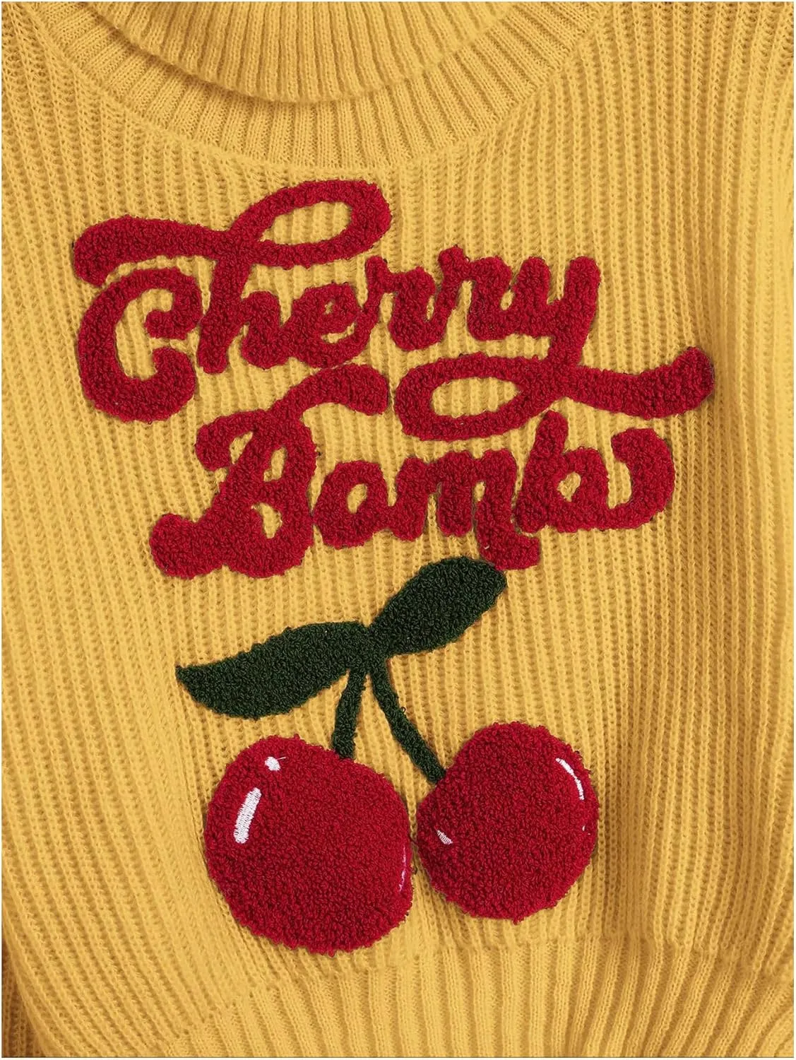 Women's Cherry Embroidered Turtleneck Sweaters Long Sleeve Knit Pullover Tops Knitwear