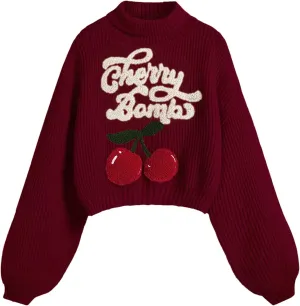 Women's Cherry Embroidered Turtleneck Sweaters Long Sleeve Knit Pullover Tops Knitwear