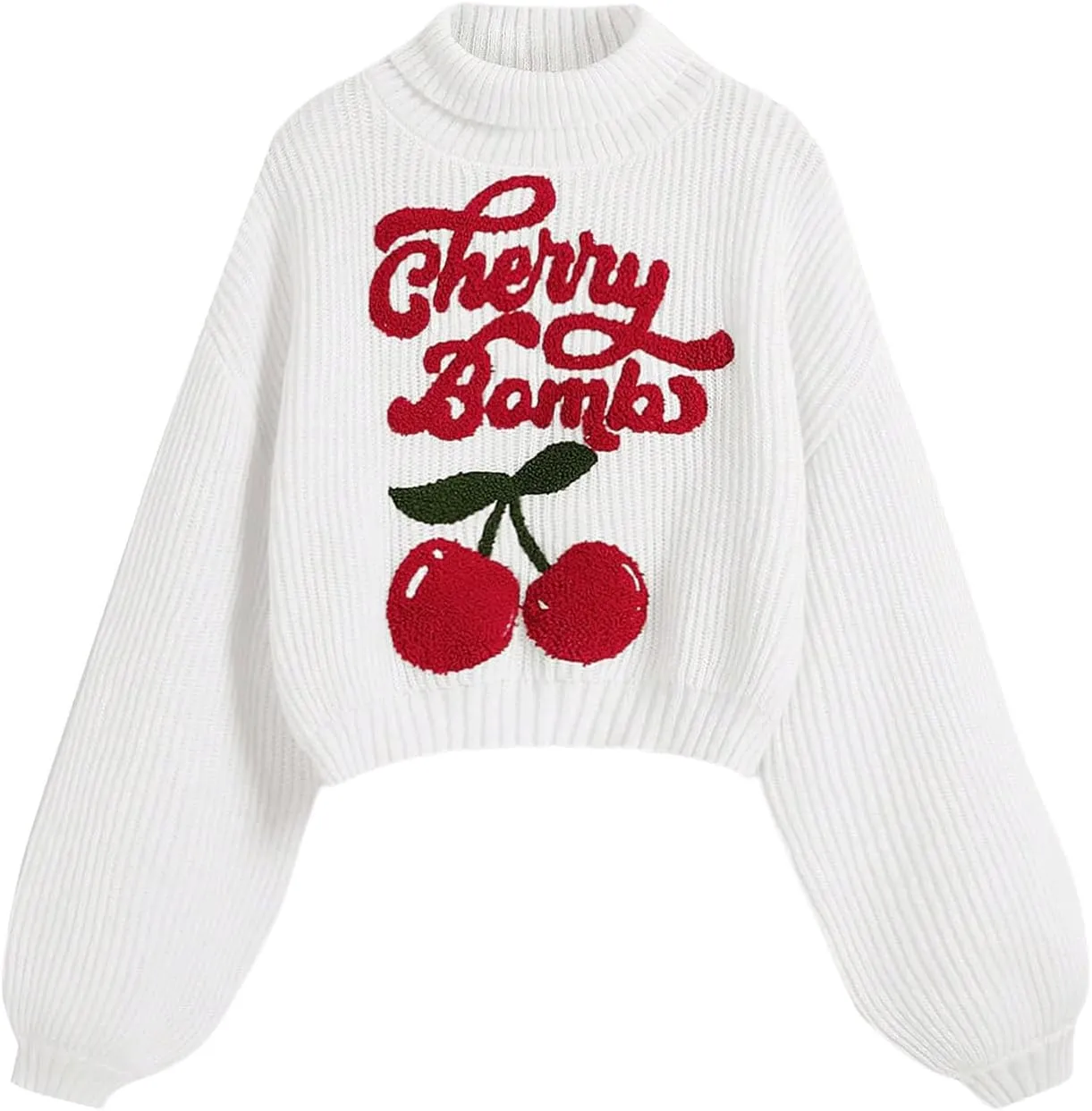 Women's Cherry Embroidered Turtleneck Sweaters Long Sleeve Knit Pullover Tops Knitwear
