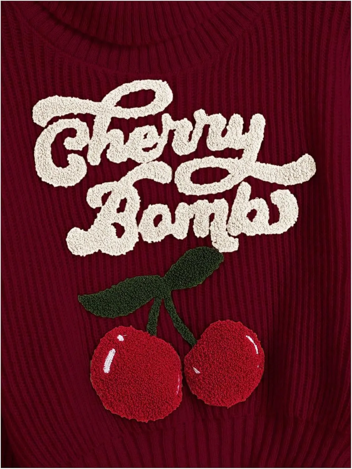 Women's Cherry Embroidered Turtleneck Sweaters Long Sleeve Knit Pullover Tops Knitwear