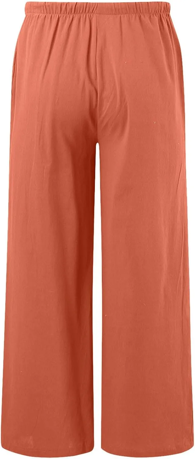 Womens Cotton Linen Palazzo Pants Drawstring Elastic Waist Casual Wide Leg Trousers Summer Beach Flowy Pants Pockets
