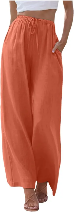 Womens Cotton Linen Palazzo Pants Drawstring Elastic Waist Casual Wide Leg Trousers Summer Beach Flowy Pants Pockets
