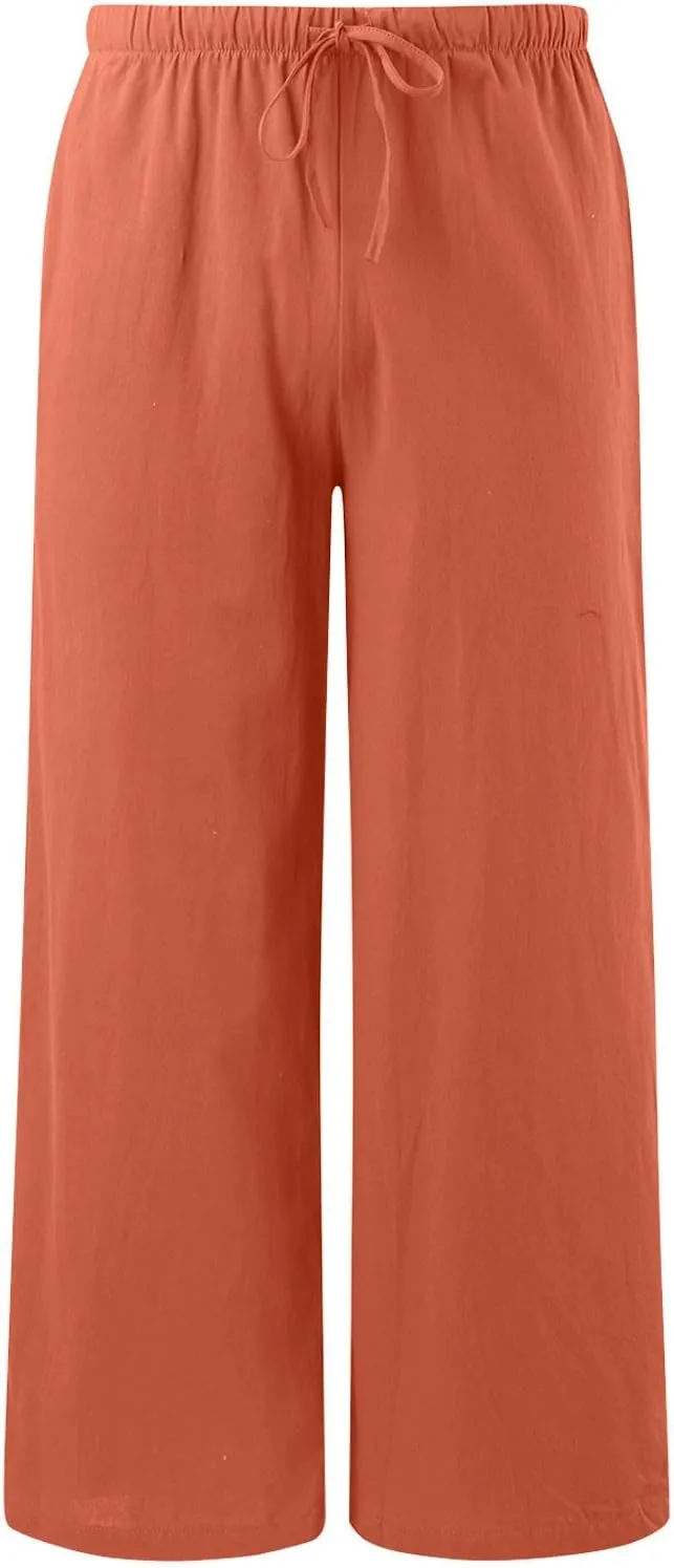 Womens Cotton Linen Palazzo Pants Drawstring Elastic Waist Casual Wide Leg Trousers Summer Beach Flowy Pants Pockets