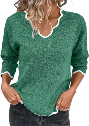 Women's Fashion V Neck Sweaters Cozy Fit Fleece Sweaters Plus Size Spring Sweater Elegant Chunky Pullover Tops