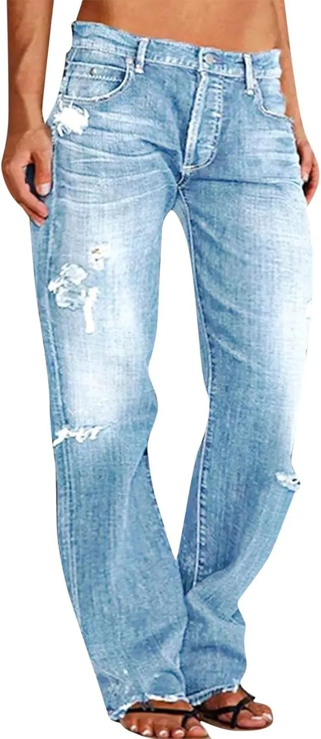 Womens High Waisted Jeans Waisted Trousers Jeans Lace Poket Denim Women's Jeans Straight Leg Loose Stretchy Straight
