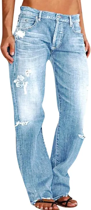 Womens High Waisted Jeans Waisted Trousers Jeans Lace Poket Denim Women's Jeans Straight Leg Loose Stretchy Straight