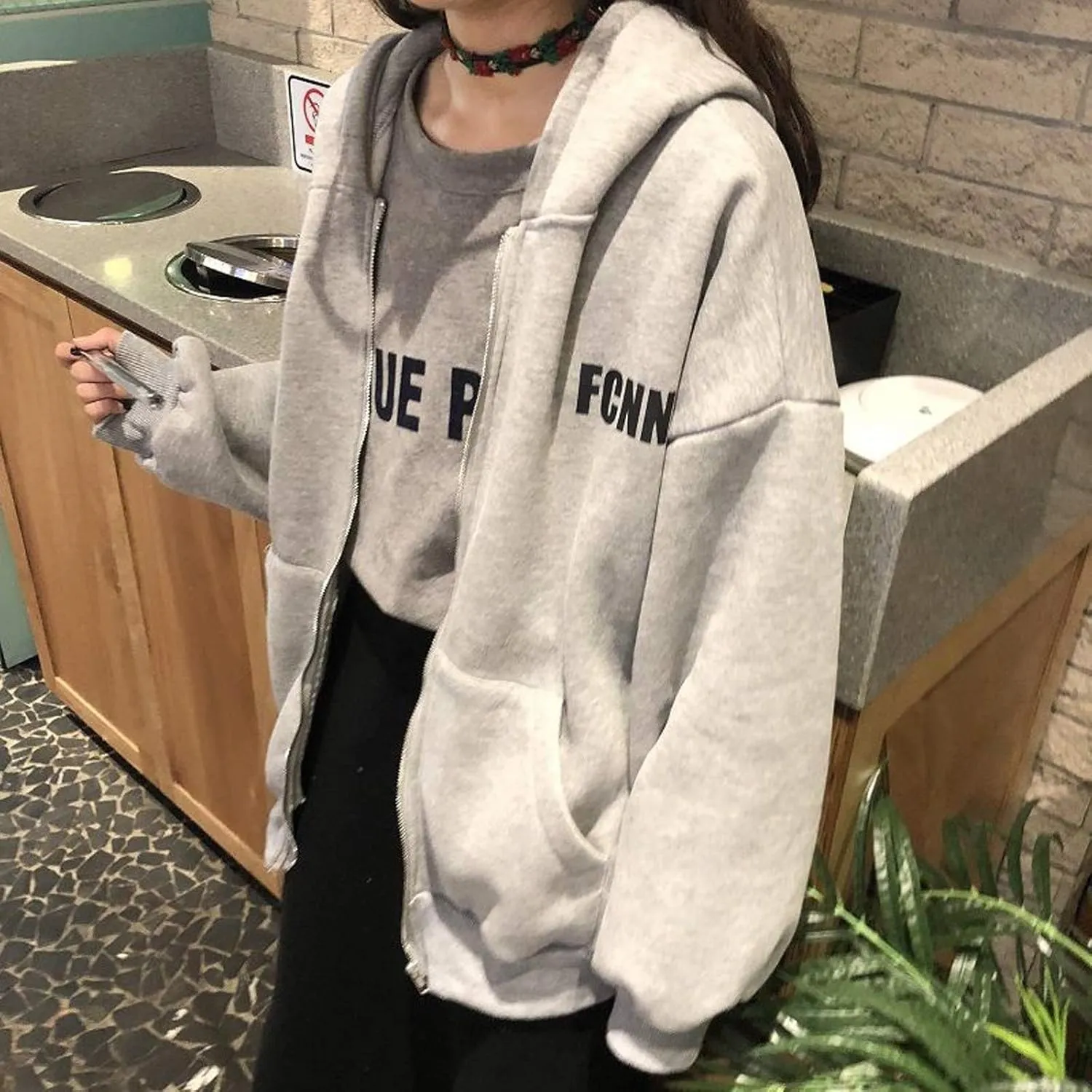 Womens Long Sleeve Sweatshirt Drawstring Zip Up Hoodies with Pocket Korean Clothes