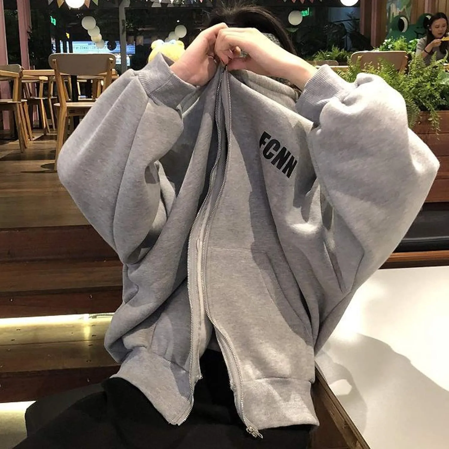 Womens Long Sleeve Sweatshirt Drawstring Zip Up Hoodies with Pocket Korean Clothes