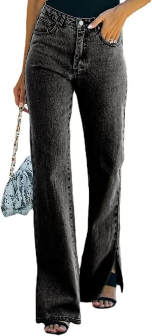 Womens Mid Waisted Flare Bell Bottom Jeans Stretchy Wide Leg Baggy Jeans Casual Loose Denim Pants