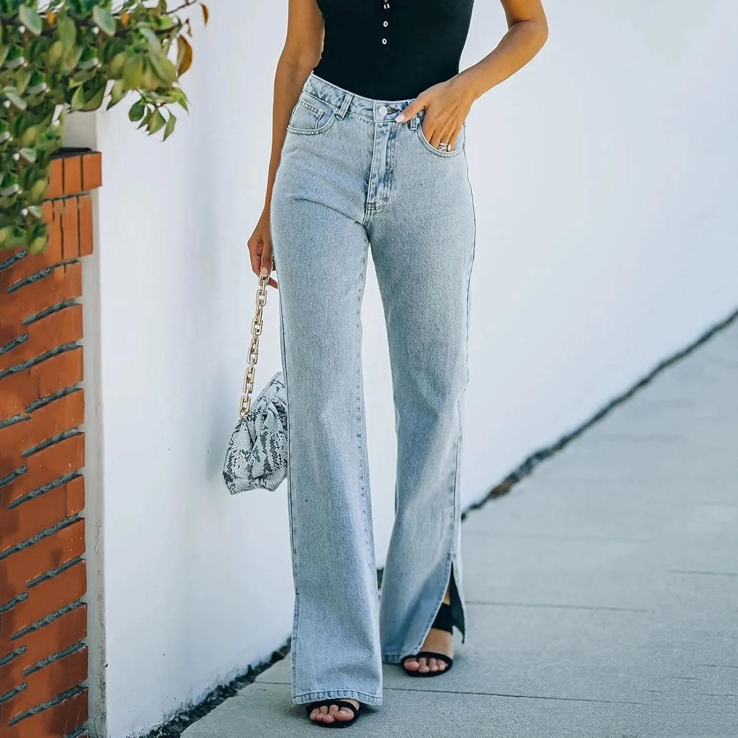 Womens Mid Waisted Flare Bell Bottom Jeans Stretchy Wide Leg Baggy Jeans Casual Loose Denim Pants
