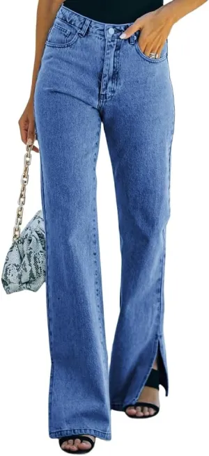 Womens Mid Waisted Flare Bell Bottom Jeans Stretchy Wide Leg Baggy Jeans Casual Loose Denim Pants