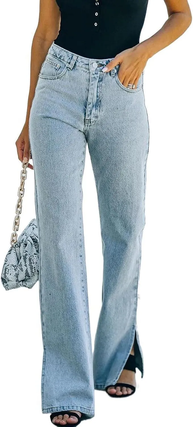 Womens Mid Waisted Flare Bell Bottom Jeans Stretchy Wide Leg Baggy Jeans Casual Loose Denim Pants