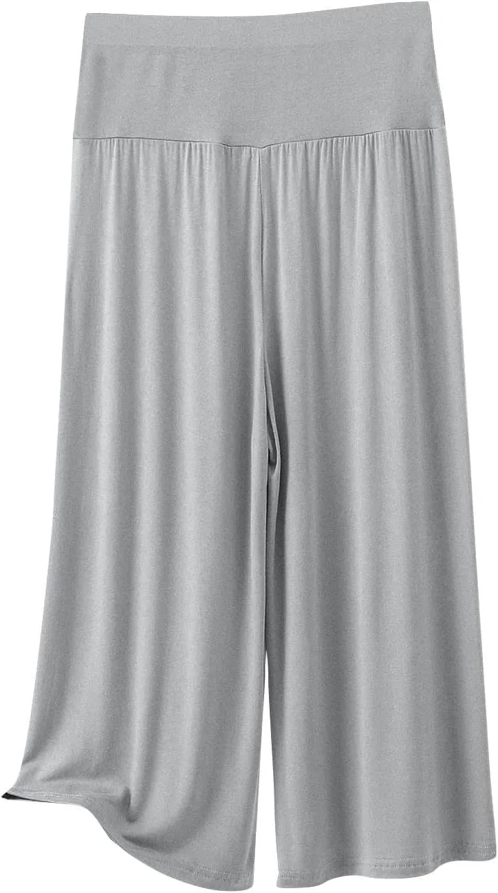 Womens Pleated Capri Pants Casual Elastic Waisted Baggy Comfy Trousers Solid Color Lightweight Home Capris