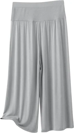 Womens Pleated Capri Pants Casual Elastic Waisted Baggy Comfy Trousers Solid Color Lightweight Home Capris
