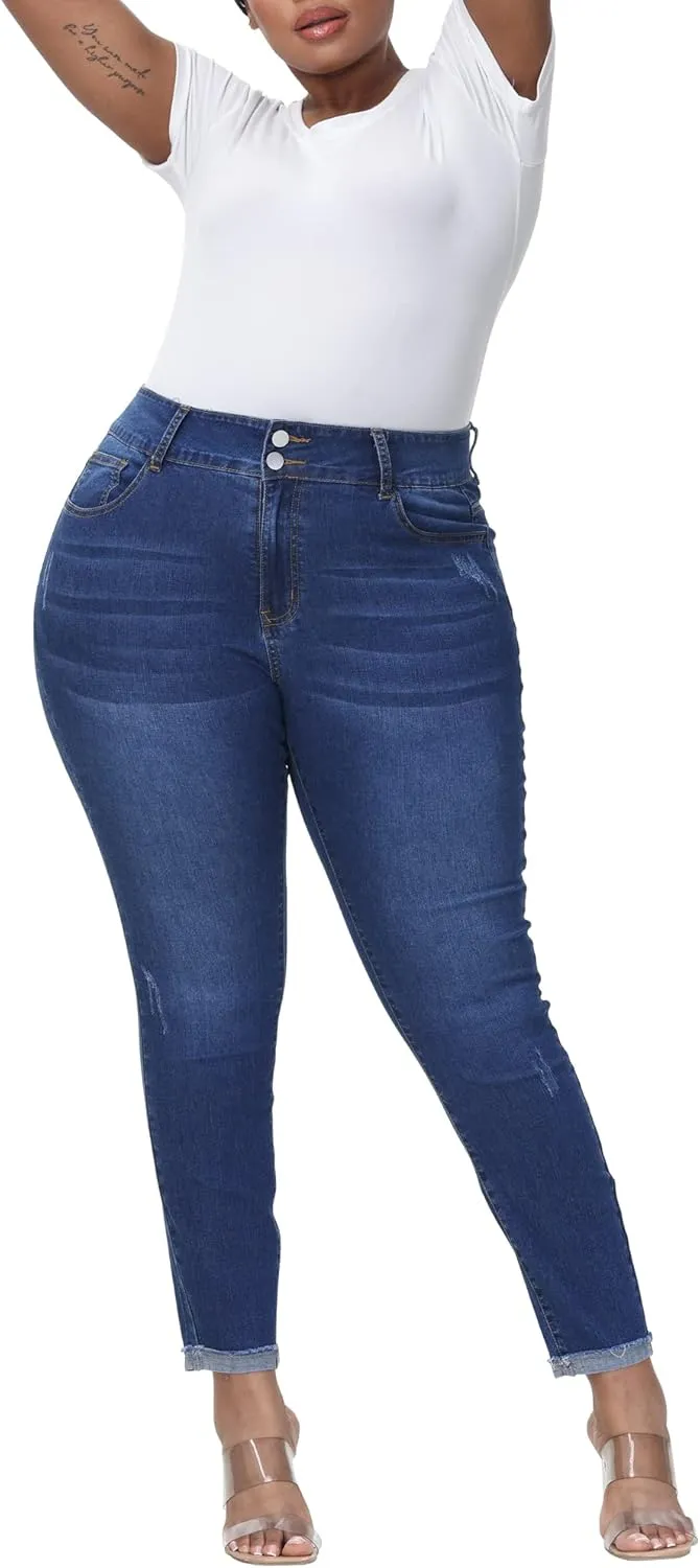 Womens Plus Size Skinny Jeans High Waisted Stretchy Classic Ankle Jean