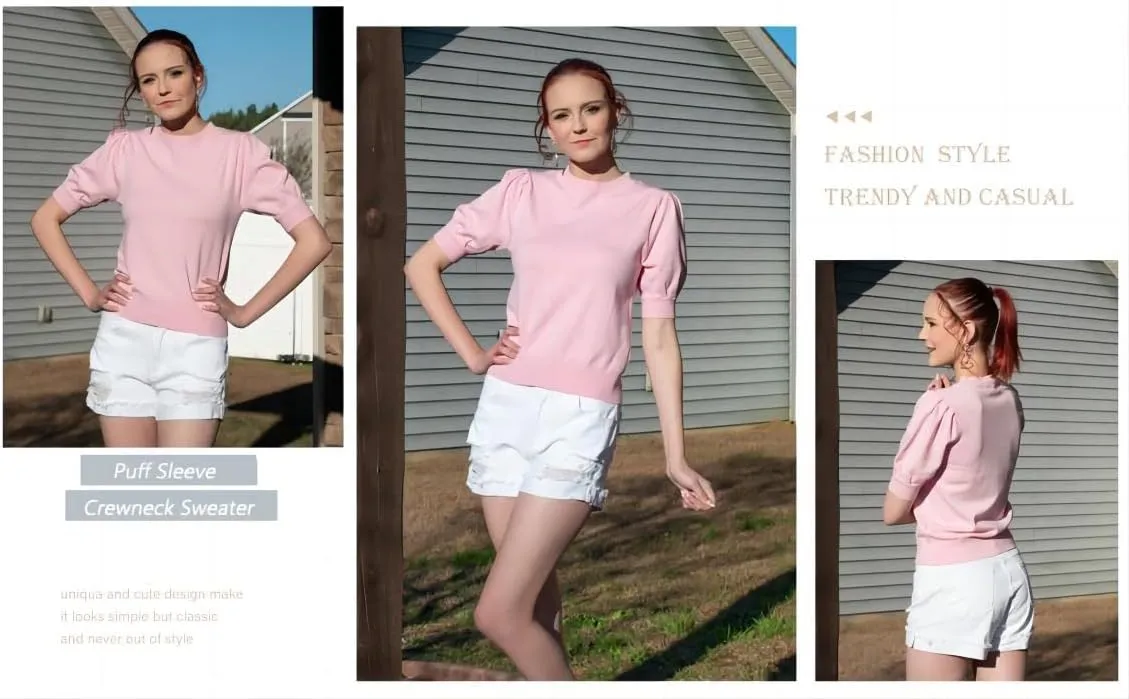 Womens Puff Short Sleeve Sweater Tops Crewneck Basic Knit Pullover Lightweight Solid Casual Sweaters Blouse