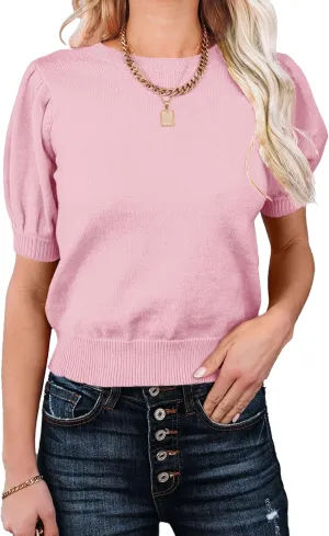 Womens Puff Short Sleeve Sweater Tops Crewneck Basic Knit Pullover Lightweight Solid Casual Sweaters Blouse