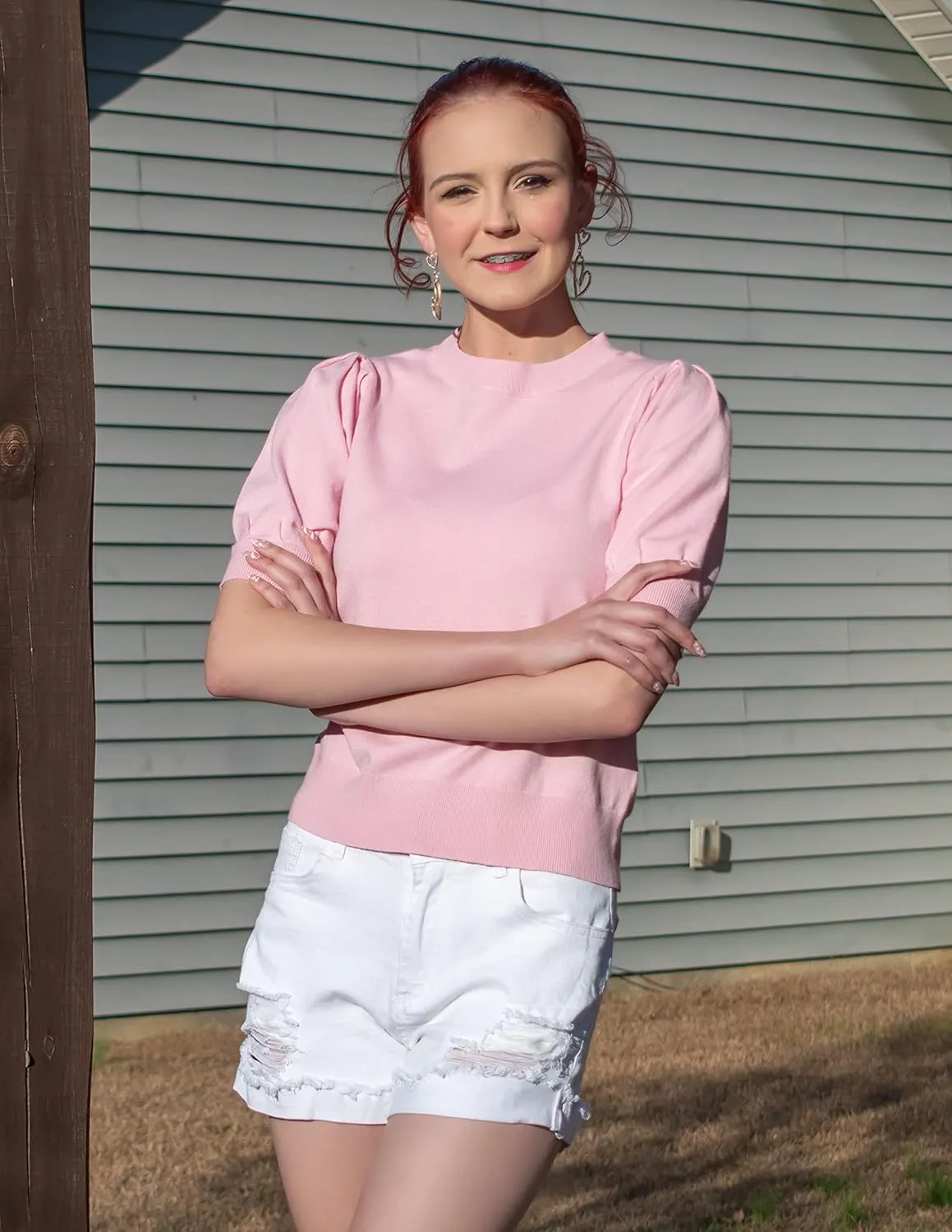 Womens Puff Short Sleeve Sweater Tops Crewneck Basic Knit Pullover Lightweight Solid Casual Sweaters Blouse