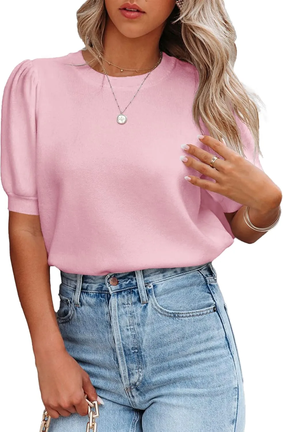 Womens Puff Short Sleeve Sweater Tops Crewneck Basic Knit Pullover Lightweight Solid Casual Sweaters Blouse