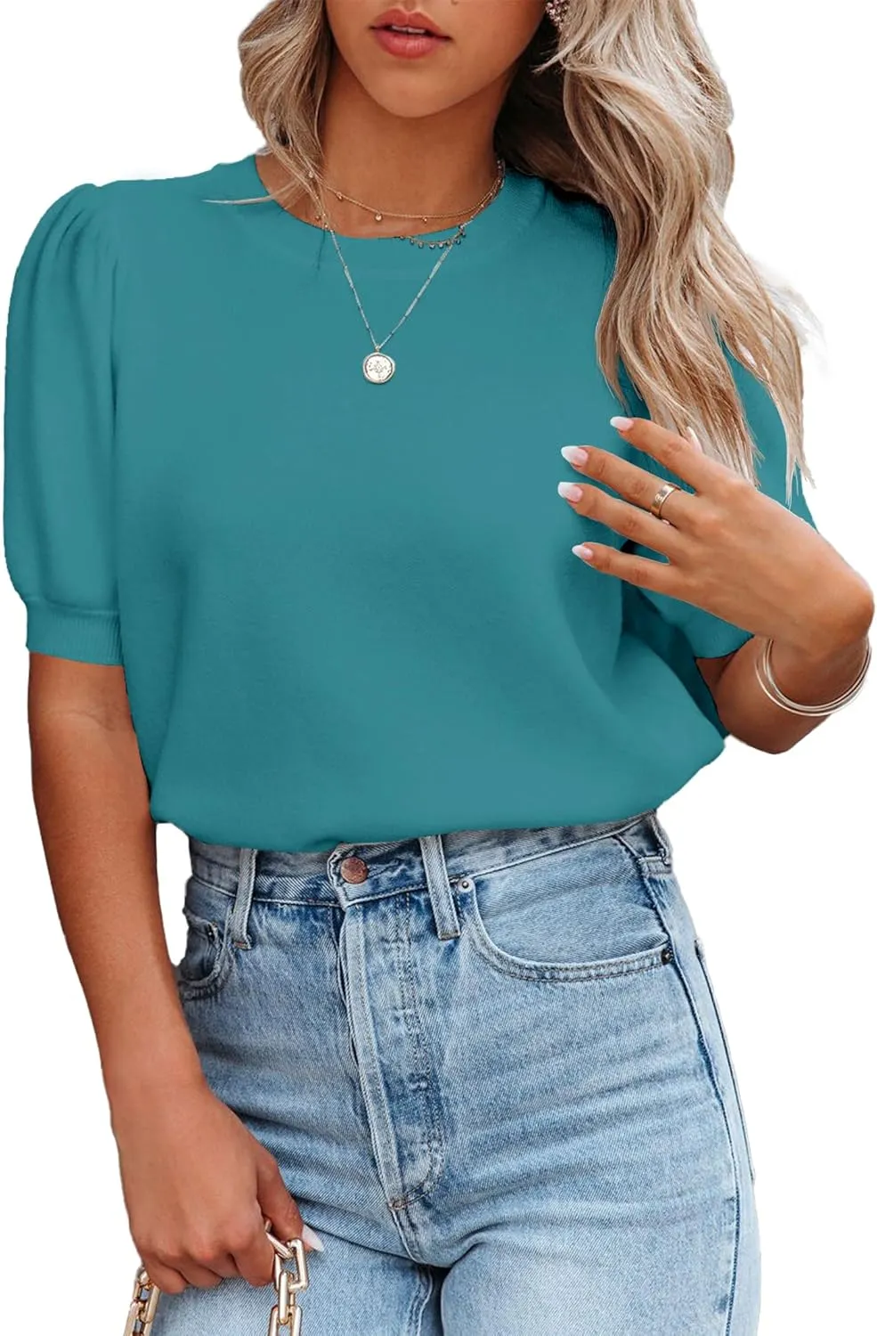 Womens Puff Short Sleeve Sweater Tops Crewneck Basic Knit Pullover Lightweight Solid Casual Sweaters Blouse