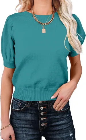 Womens Puff Short Sleeve Sweater Tops Crewneck Basic Knit Pullover Lightweight Solid Casual Sweaters Blouse