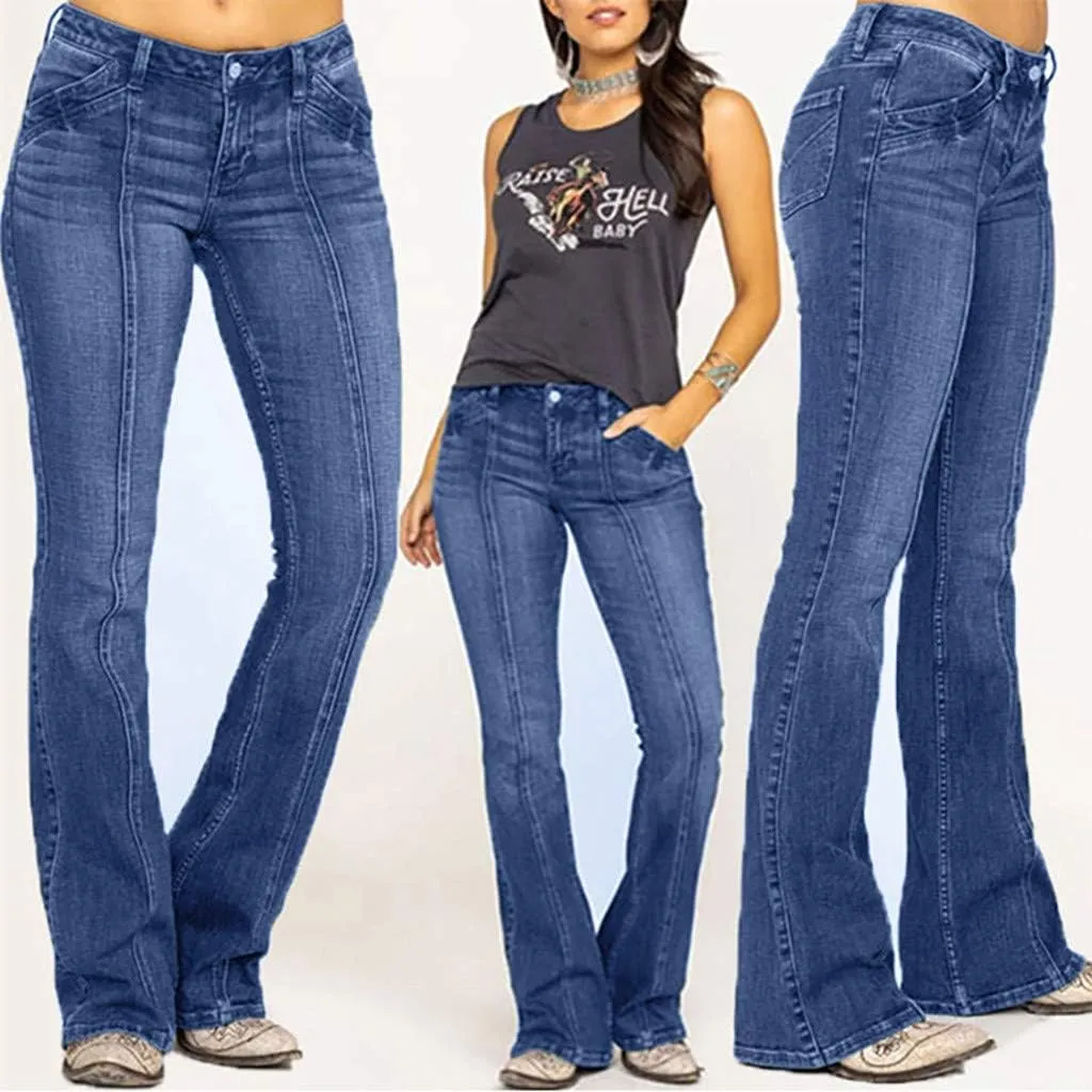 Womens Retro High Rise Trumpet Flare Jeans Ultra Stretch Denim Jeans Butt Lifting Bootcut Trousers