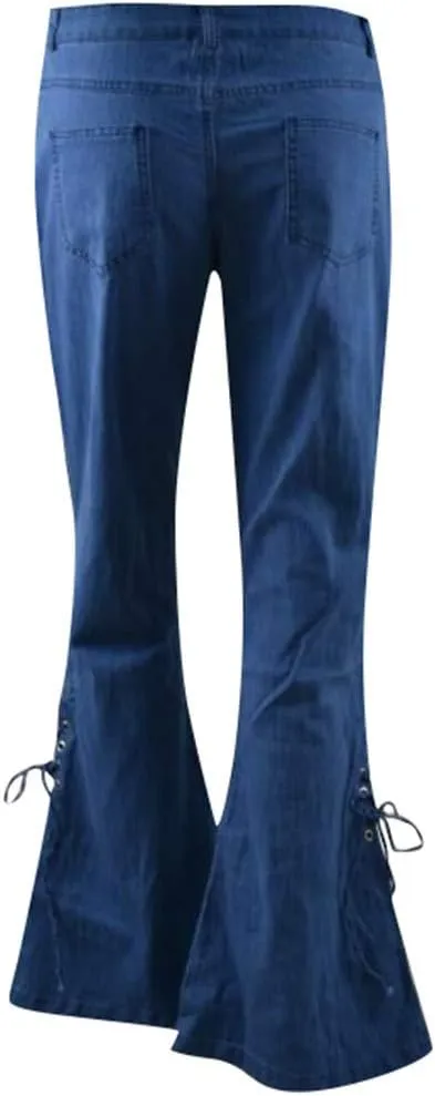 Womens Side Lacing Bell Bottom Flare Jeans Stretch Butt Lifting Vintage Washed Jean Skinny Flared Pants with Pockets