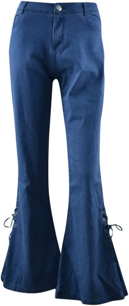 Womens Side Lacing Bell Bottom Flare Jeans Stretch Butt Lifting Vintage Washed Jean Skinny Flared Pants with Pockets
