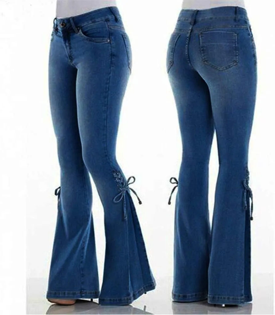 Womens Side Lacing Bell Bottom Flare Jeans Stretch Butt Lifting Vintage Washed Jean Skinny Flared Pants with Pockets