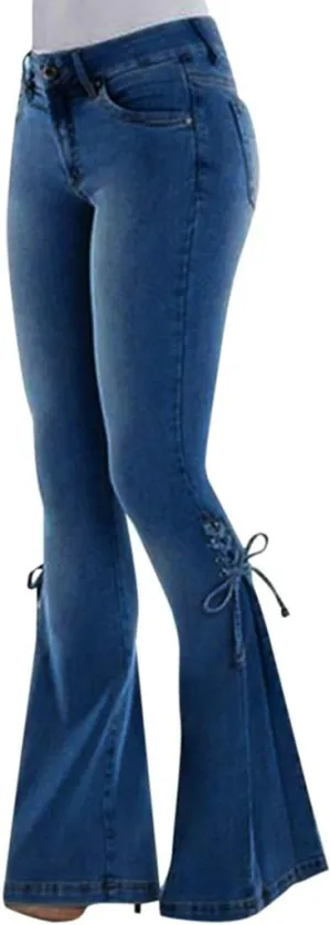 Womens Side Lacing Bell Bottom Flare Jeans Stretch Butt Lifting Vintage Washed Jean Skinny Flared Pants with Pockets