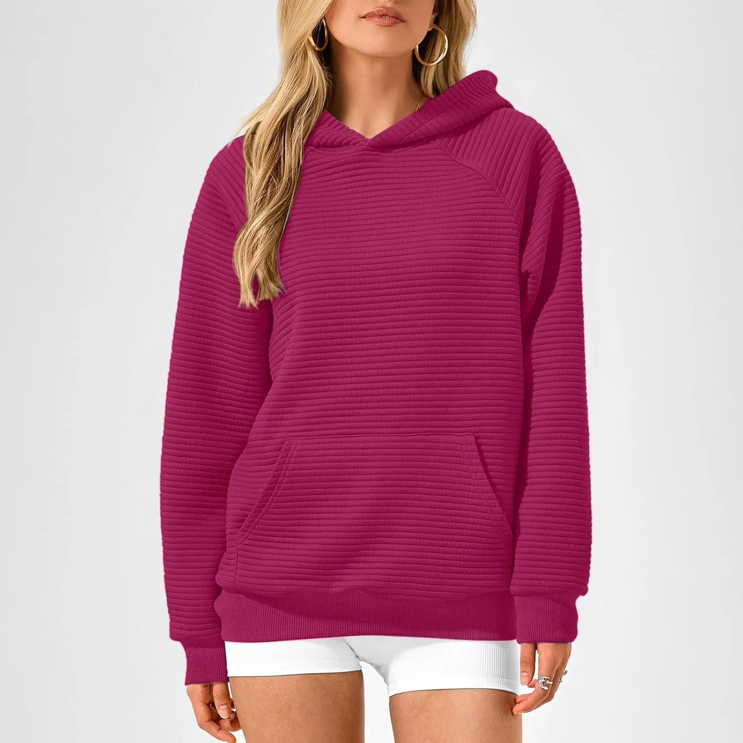 Womens Striped Texture Hoodies Fall Raglan Long Sleeve Dressy Sweatshirts Casual Loose Pullover with Kangaroo Pocket