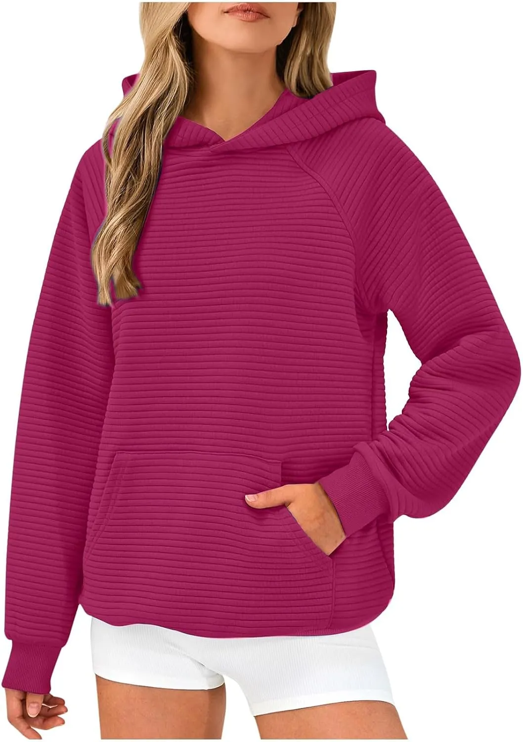 Womens Striped Texture Hoodies Fall Raglan Long Sleeve Dressy Sweatshirts Casual Loose Pullover with Kangaroo Pocket