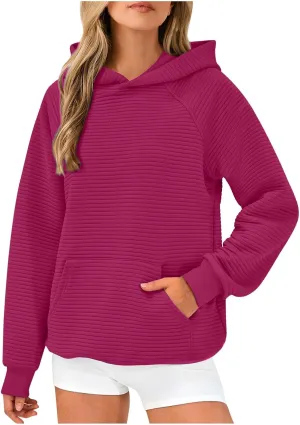 Womens Striped Texture Hoodies Fall Raglan Long Sleeve Dressy Sweatshirts Casual Loose Pullover with Kangaroo Pocket