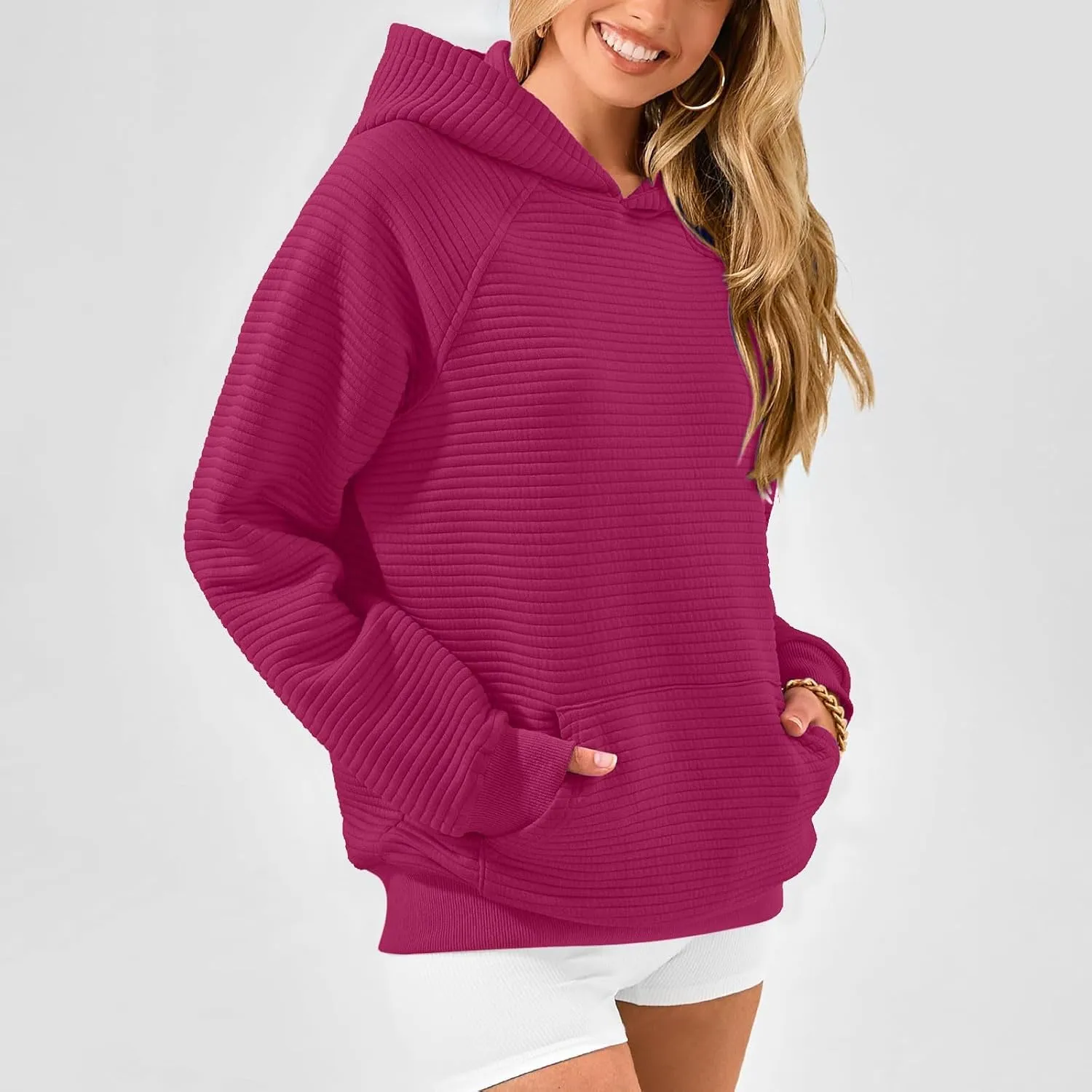 Womens Striped Texture Hoodies Fall Raglan Long Sleeve Dressy Sweatshirts Casual Loose Pullover with Kangaroo Pocket