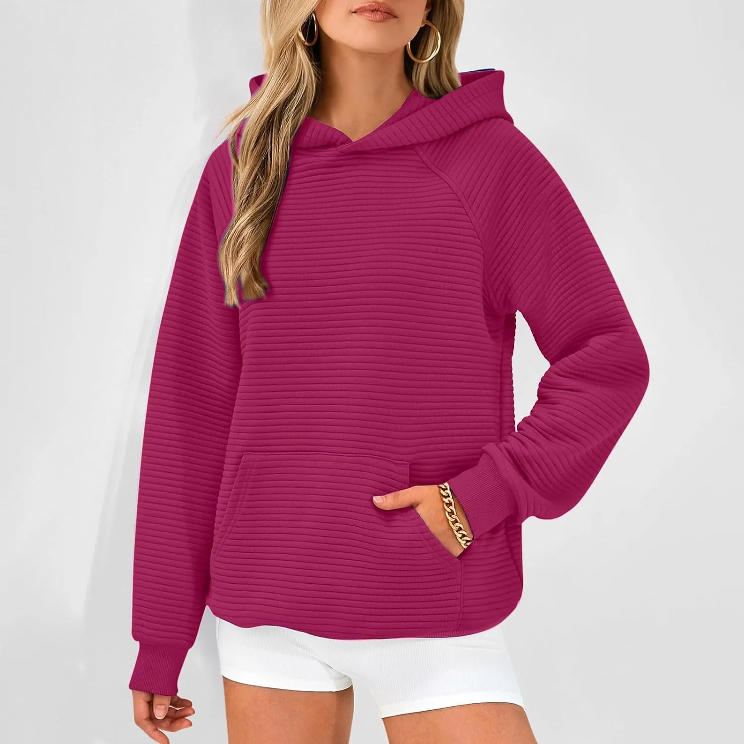 Womens Striped Texture Hoodies Fall Raglan Long Sleeve Dressy Sweatshirts Casual Loose Pullover with Kangaroo Pocket
