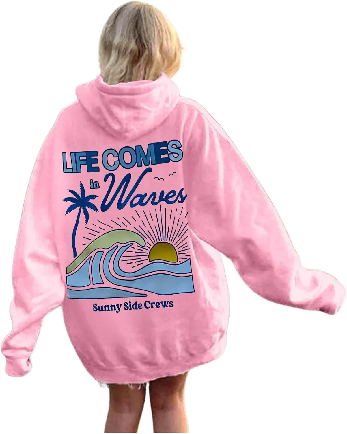 Women's Sweatshirts Life Comes in Waves Print Sweatshirts Oversized Hoodies for Women Long Sleeve Tunic Tops Drawstring Fall Winter Outfit Pink pom Puff Hoodie Pink Large