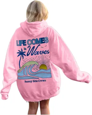 Women's Sweatshirts Life Comes in Waves Print Sweatshirts Oversized Hoodies for Women Long Sleeve Tunic Tops Drawstring Fall Winter Outfit Pink pom Puff Hoodie Pink Large