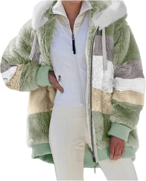 Womens Thickened Fleece Overcoat Color Block Warm Winter Fleece Lined Hoodies Snow Coat Jacket Outwear