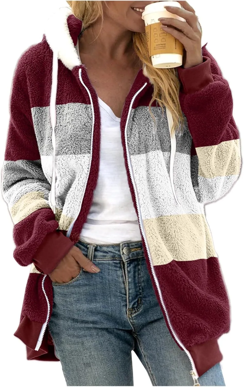 Womens Thickened Fleece Overcoat Color Block Warm Winter Fleece Lined Hoodies Snow Coat Jacket Outwear