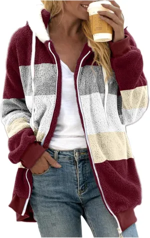 Womens Thickened Fleece Overcoat Color Block Warm Winter Fleece Lined Hoodies Snow Coat Jacket Outwear
