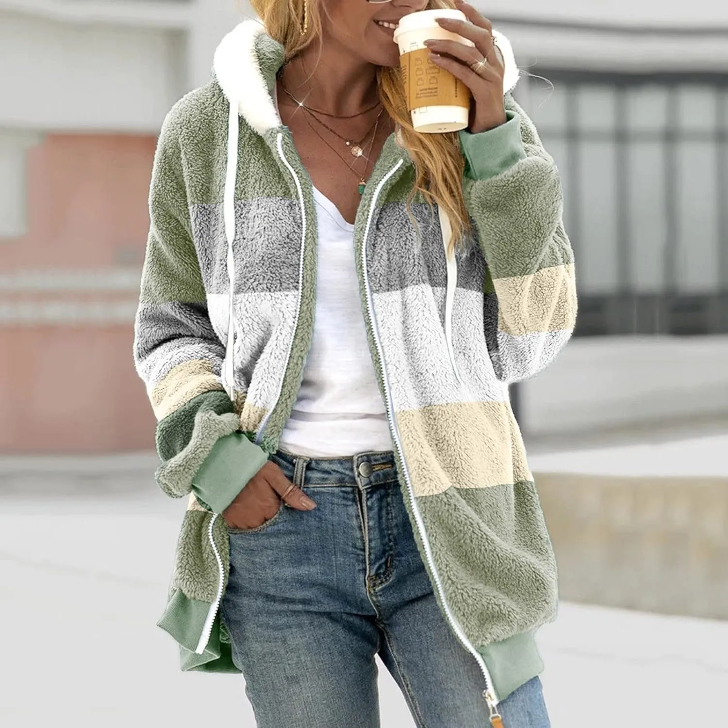 Womens Thickened Fleece Overcoat Color Block Warm Winter Fleece Lined Hoodies Snow Coat Jacket Outwear