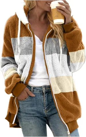 Womens Thickened Fleece Overcoat Color Block Warm Winter Fleece Lined Hoodies Snow Coat Jacket Outwear