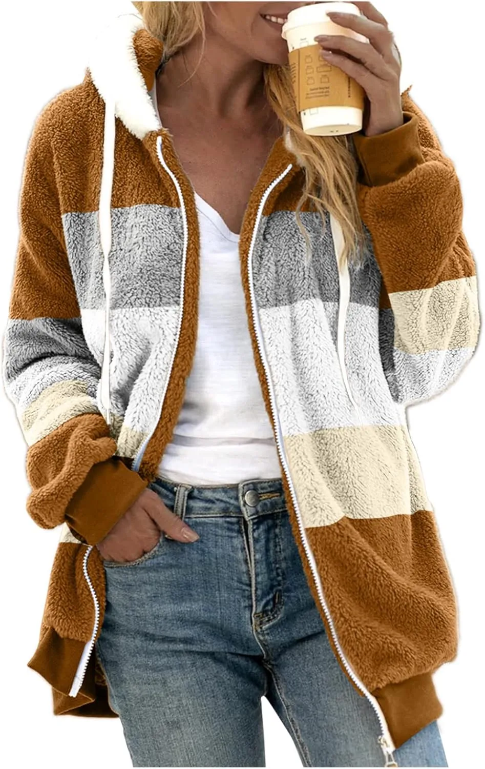 Womens Thickened Fleece Overcoat Color Block Warm Winter Fleece Lined Hoodies Snow Coat Jacket Outwear