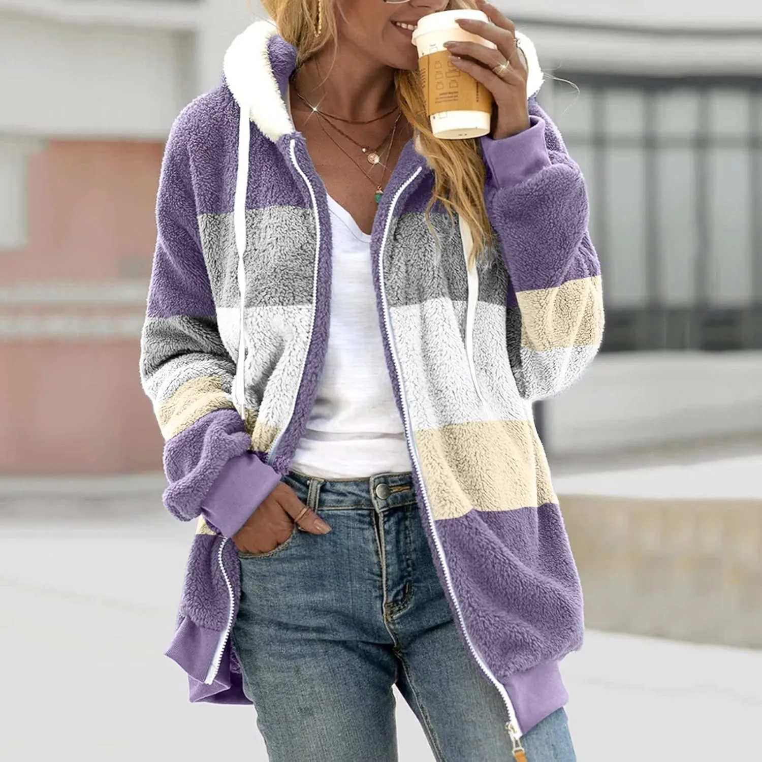 Womens Thickened Fleece Overcoat Color Block Warm Winter Fleece Lined Hoodies Snow Coat Jacket Outwear